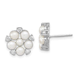 Sterling Silver Rhodium-plated 3- White Button Freshwater Cultured Pearl and CZ Flower Post Earrings