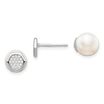 Sterling Silver Rhodium-plated Polished White 8- Imititation Shell Pearl & CZ Hexagon Reversible Post Earrings