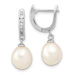 Sterling Silver Rhodium-plated 8- White Rice Freshwater Cultured Pearl and CZ Dangle Hoop Earrings