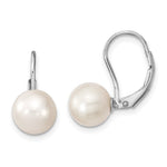 Sterling Silver Rhodium-plated 8- White Round Freshwater Cultured Pearl Leverback Earrings