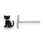 Sterling Silver Rhodium-plated Polished Enameled Black Cat Post Earrings