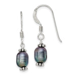 Sterling Silver Polished, Antiqued & Beaded 6- Rice Black Freshwater Cultured Pearl Dangle Earrings