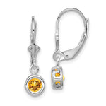 Sterling Silver Rhodium Plated Round Citrine Leverback Earrings