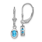 Sterling Silver Rhodium Plated 6x Oval Blue Topaz Leverback Earrings