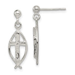 Sterling Silver Polished Antiqued & Textured Ichthus & Cross Post Dangle Earrings