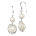 Sterling Silver Polished & Textured White 8- Freshwater Cultured Pearl & 11- Shell Pearl Dangle Earrings