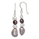 Sterling Silver Polished Black, White and Grey 6- Freshwater Cultured Pearl Dangle Earrings