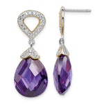 Sterling Silver w/ Gold-tone Vermeil Fancy Purple & White CZ Teardrop Post Dangle Earrings