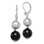 Sterling Silver Polished Black Agate & Grey Freshwater Cultured Pearl Leverback Dangle Earrings