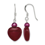Sterling Silver Polished Red Freshwater Cultured Pearl and Red Jade Heart Dangle French Hook Earrings