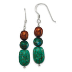 Sterling Silver Polished Brown Freshwater Cultured Pearl, Dyed Howlite & Stabilized Chrysocolla Dangle Earrings