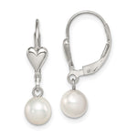 Sterling Silver Rhodium-plated 6- White Round Freshwater Cultured Pearl Heart Leverback Dangle Earrings