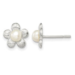 Sterling Silver Polished & Textured Imitation Pearl Flower Post Earrings