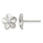 Sterling Silver Polished and Satin Flower with CZ Post Earrings