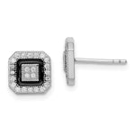 Sterling Silver RH-plated Black Enamel & Pav CZ Square Halo Post Earrings