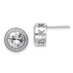 Sterling Silver Rhod-pltd Polished/Textured Round CZ Post Earrings