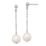 Sterling Silver Rhodium-plated 10- White Round Freshwater Cultured Pearl Dangle Post Earrings