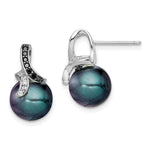 Sterling Silver Polished Black and White CZ with 9- Black Imitation Shell Pearl Post Earrings