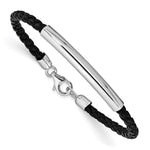 Sterling Silver Rhodium-plated Polished Bar Braided Black Leather Bracelet