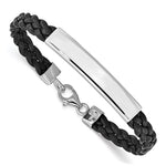 Sterling Silver Rhodium-plated Engravable Polished 38x Plate Black Braided Leather ID Bracelet
