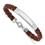 Sterling Silver Rhodium-plated Engravable Polished 38x Plate Brown Braided Leather ID Bracelet