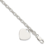 Sterling Silver Engravable Heart Charm Cable Link Bracelet