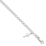 Sterling Silver Polished Latin Cross Charm with Ext. Children's Bracele
