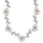 Sterling Silver Rhodium-plated CZ Vine Pattern and 3- White Semi-Round Freshwater Cultured Pearl Floral Necklace