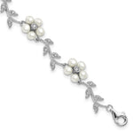 Sterling Silver Rhodium-plated CZ Vine Pattern and 3- White Semi-Round Freshwater Cultured Pearl Floral Bracelet