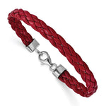 Sterling Silver Rhodium Plated Red Braided Leather Bracelet