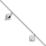 Sterling Silver Polished Hearts and Peace Sign Plus Ext Anklet