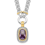 Sterling Silver Flash Gold-plated Emerald-shape Purple and Clear CZ Halo 2-Strand Necklace