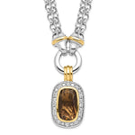 Sterling Silver Flash Gold-plated Emerald-shape Smoky and Clear CZ Halo 2-Strand Necklace