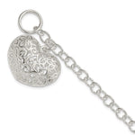 Sterling Silver Puffed Filigree Heart Dangle Toggle Bracelet