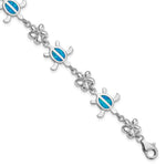 Sterling Silver Rhodium-plated Polished Created Blue Opal Tortoise with Flower Bracelet