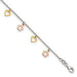 Sterling Silver Gold and Rose-tone Heart Flower Plus ext. Anklet