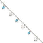 Sterling Silver Blue Glass Beads and Hearts Plus Extender - Total Anklet