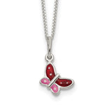 Sterling Silver Polished Pink, Red and White Enameled Butterfly 14 Inch Necklace