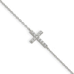 Sterling Silver Rhodium-plated CZ Sideways Cross w/ Ext Bracelet