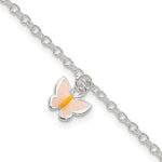 Sterling Silver Polished Pink and Orange Enamel Butterfly 5.5 Inch with 1.5 Inch Extension Bracelet