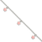 Sterling Silver Polished Three Pink Enamel Dangle Flowers with c Extension Bracelet