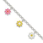 Sterling Silver Polished Multi-color Enamel Dangle Flowers 6 Inch Bracelet