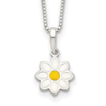 Sterling Silver Polished Yellow & White Enameled Flower 15 Inch Necklace