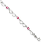Sterling Silver Pink Beads and Polished Hearts Anklet with extension