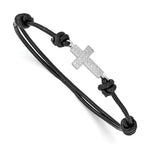 Sterling Silver Rhodium-plated Polished CZ Cross Black Leather Adjustable Bracelet