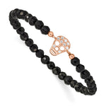 Sterling Silver RH-pltd Pink-pltd Onyx and CZ Skull Stretch Bracelet