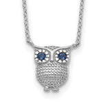 Sterling Silver Rhodium-plated Blue Glass Stone Owl with Extension Necklace