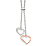 Sterling Silver Rose-tone Polished Textured 2-Heart Dangle Lariat Necklace