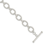 Sterling Silver Polished and Textured Fancy Cable Link Toggle Bracelet