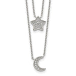 Sterling Silver Rhodium-plated Polished CZ Moon and Star Double Strand Necklace